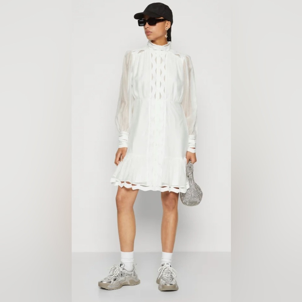 Avantlook White Cotton Button Front Ruffle Mini Dress